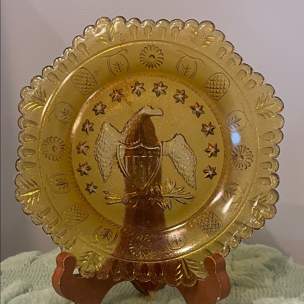 Vintage Amber Glass Plate with Eagle Design 8 inch bicentennial plate